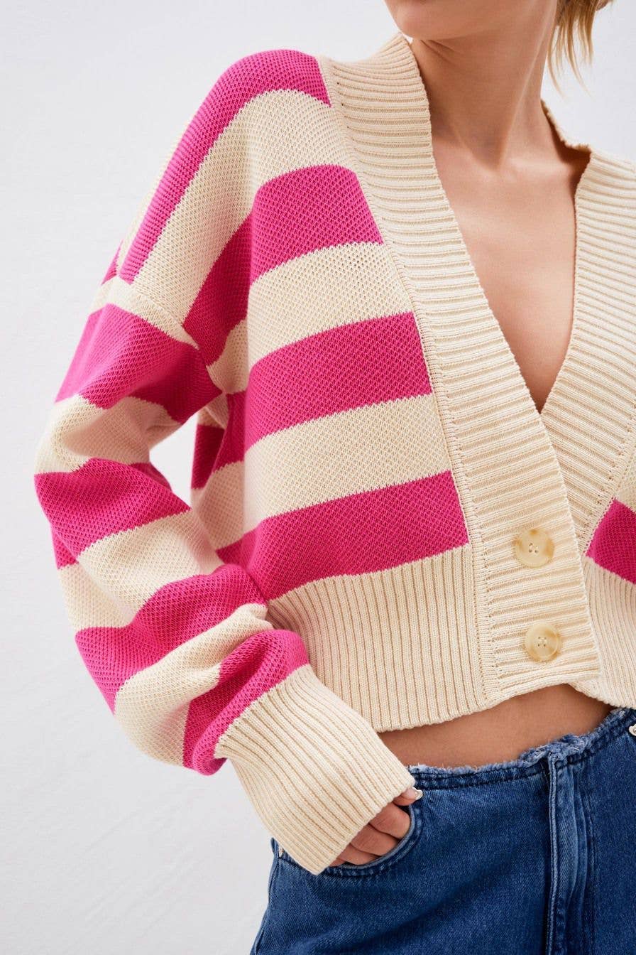 Contrasting color stripes loose knitted cardigan