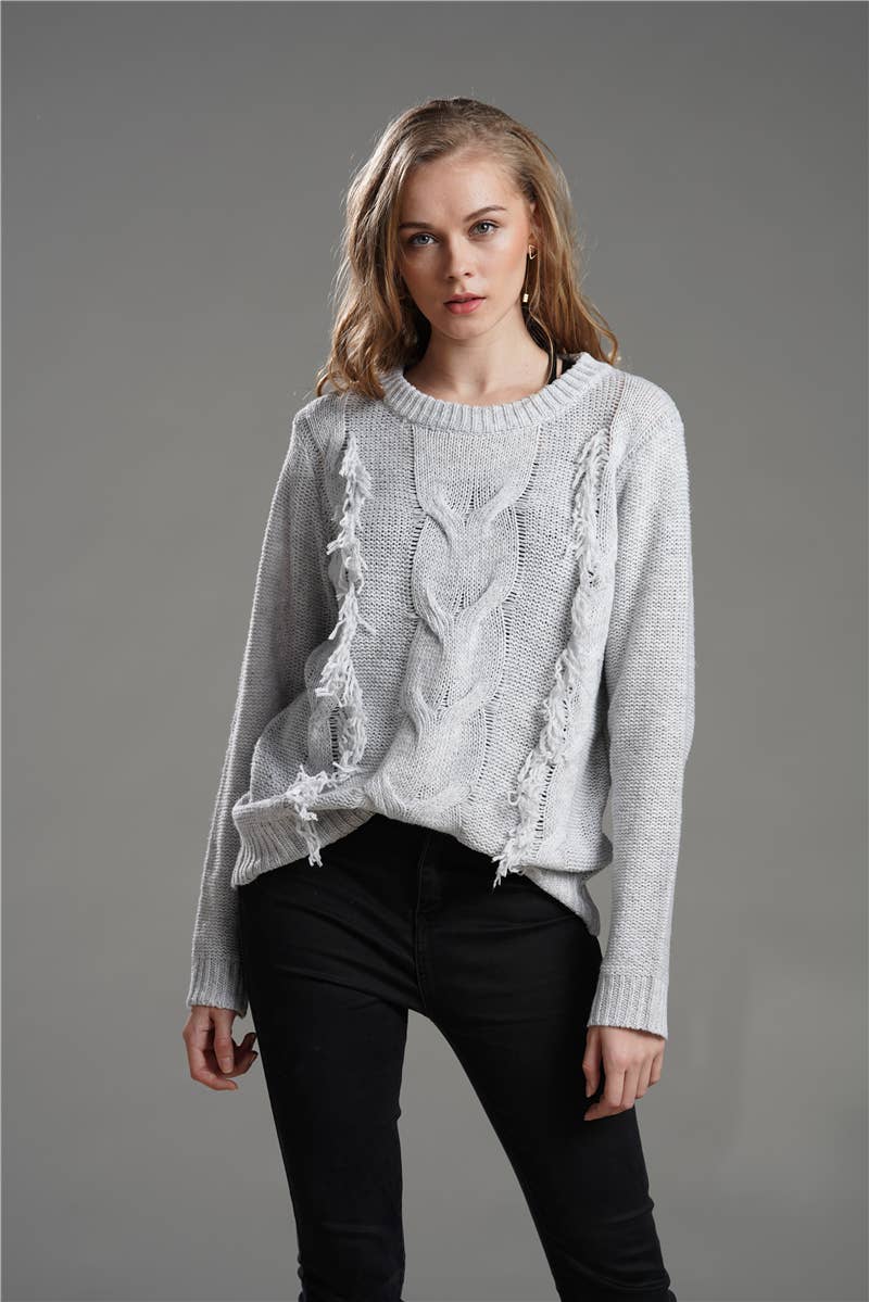 CREWNECK LONG SLEEVE PULLOVER SWEATER WITH FRINGE