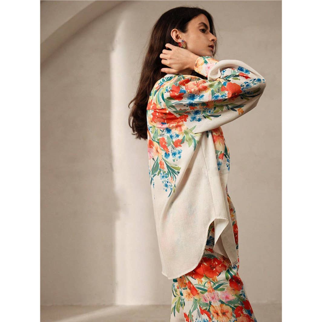 Fashion floral printed shirt and trousers set