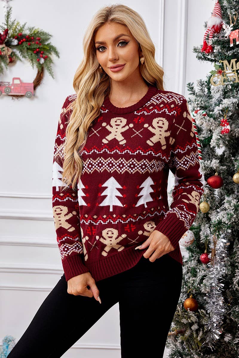 CWOSWL2490_GINGERBREAD MAN JACQUARD CASUAL CHRISTMAS SWEATER