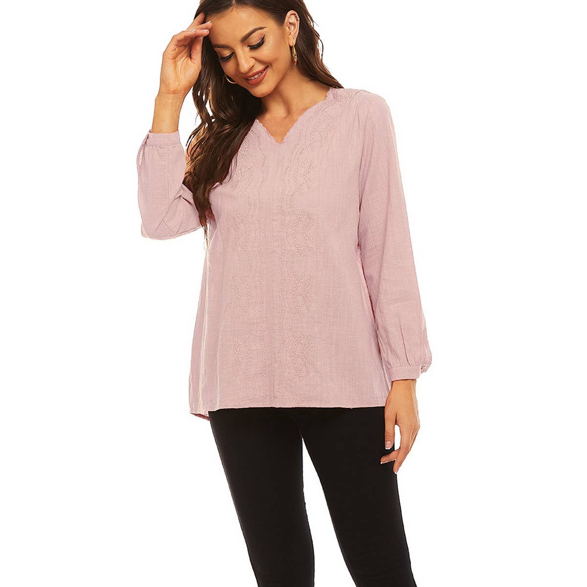 Cotton linen V-neck loose long-sleeved casual top
