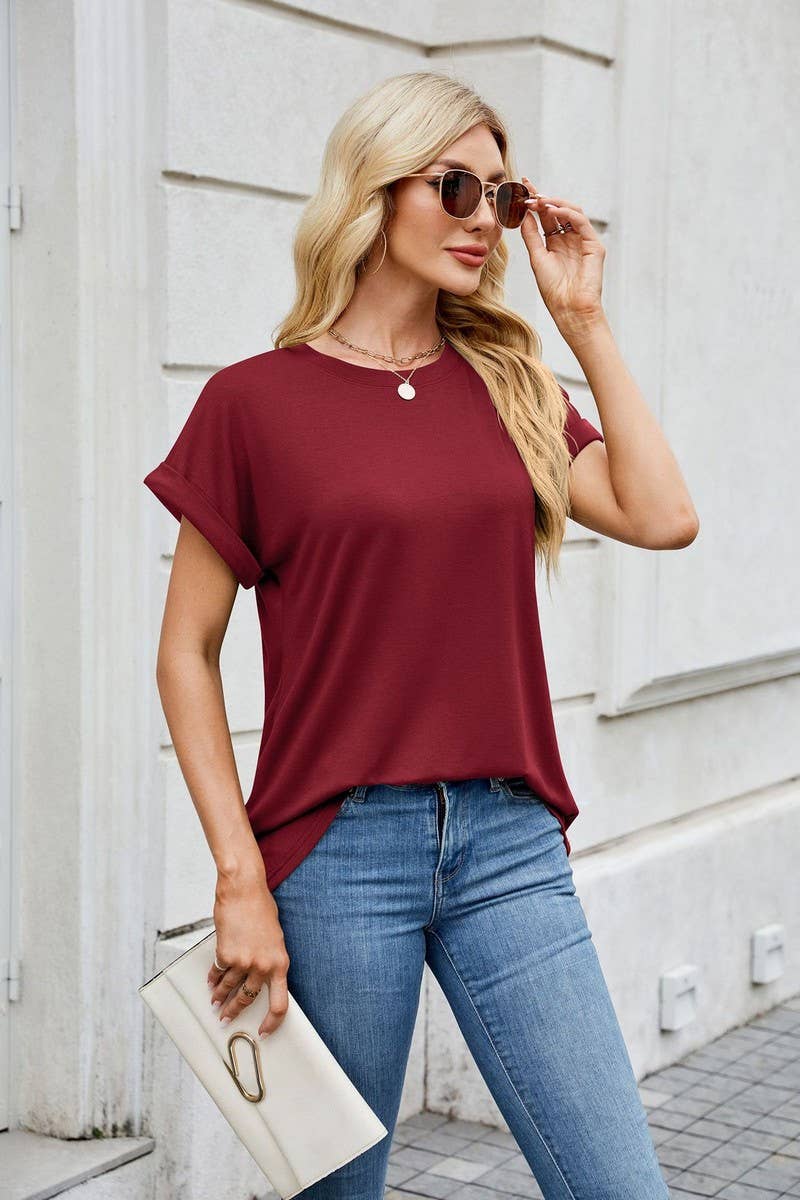 CWTBLS1728_SOLID COLOR ROUND NECK T-SHIRT SHORT SLEEVE TOP