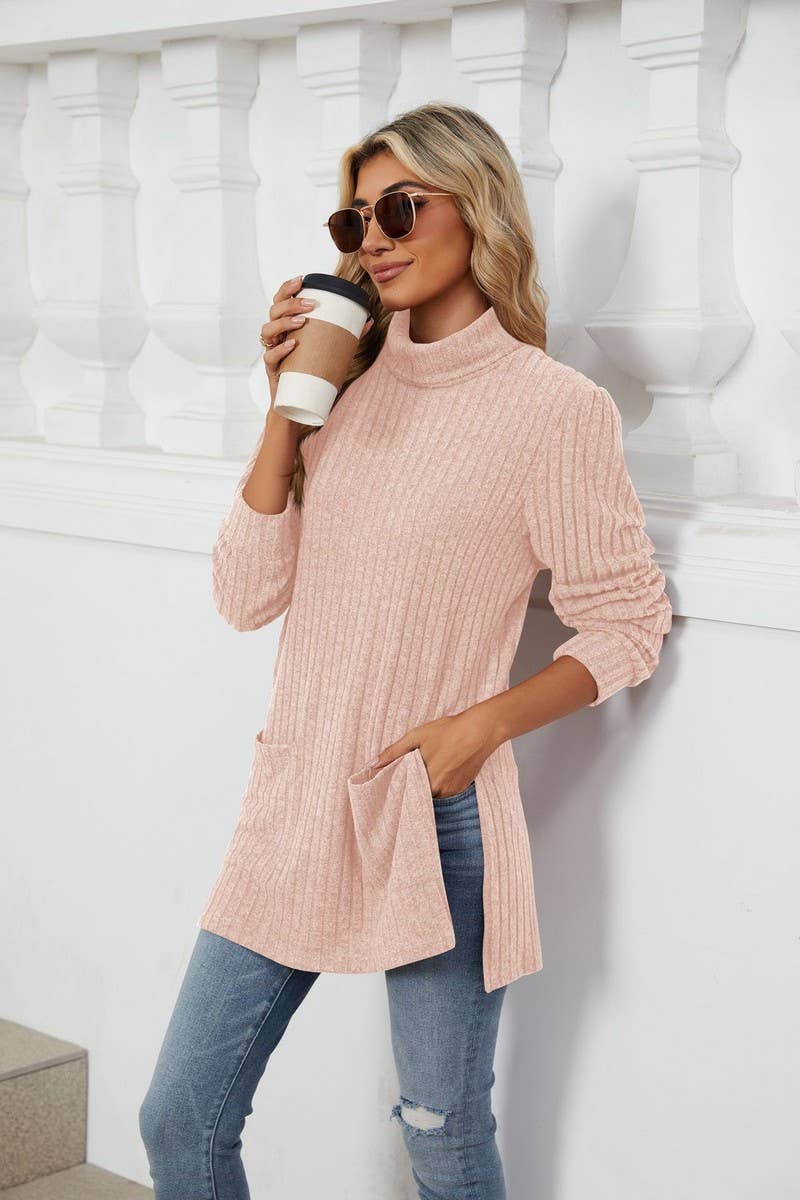 CWTBLL2363_SOLID COLOR HALF TURTLENECK SLIT POCKET TOP