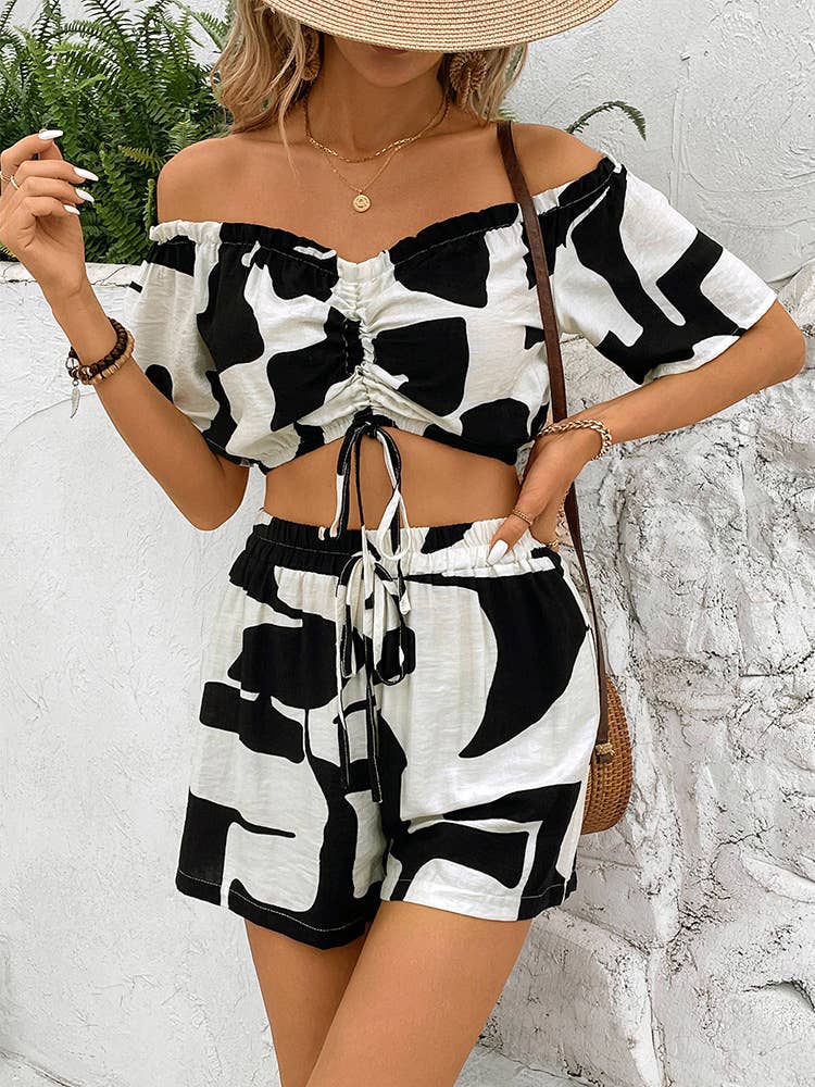 Crop top shorts sexy milk print two-piece set