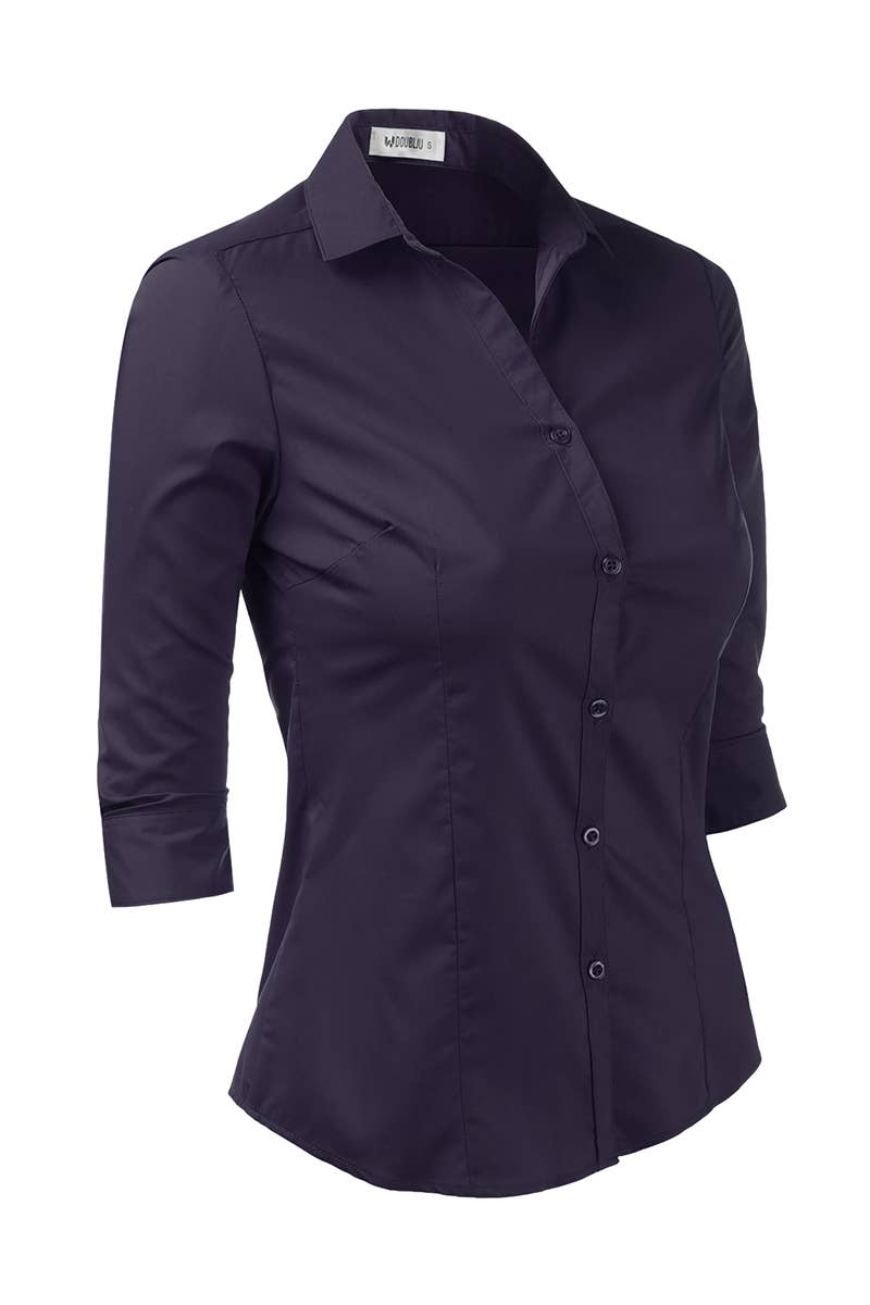 CWTSTL709_3/4 Sleeve Button Down Collar Shirt Blouse