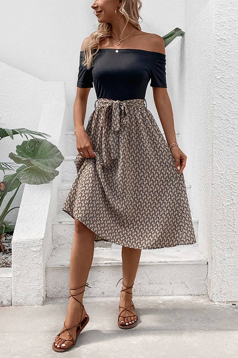 CWDSD2759_OFF-SHOULDER PATCHWORK PRINTED BELTED MAXI DRESS