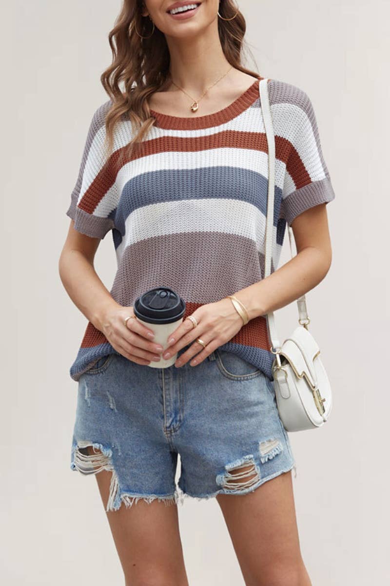 CWTBLS0761_CREW-NECK PATCHWORK STRIPED SHORT-SLEEVED TOP
