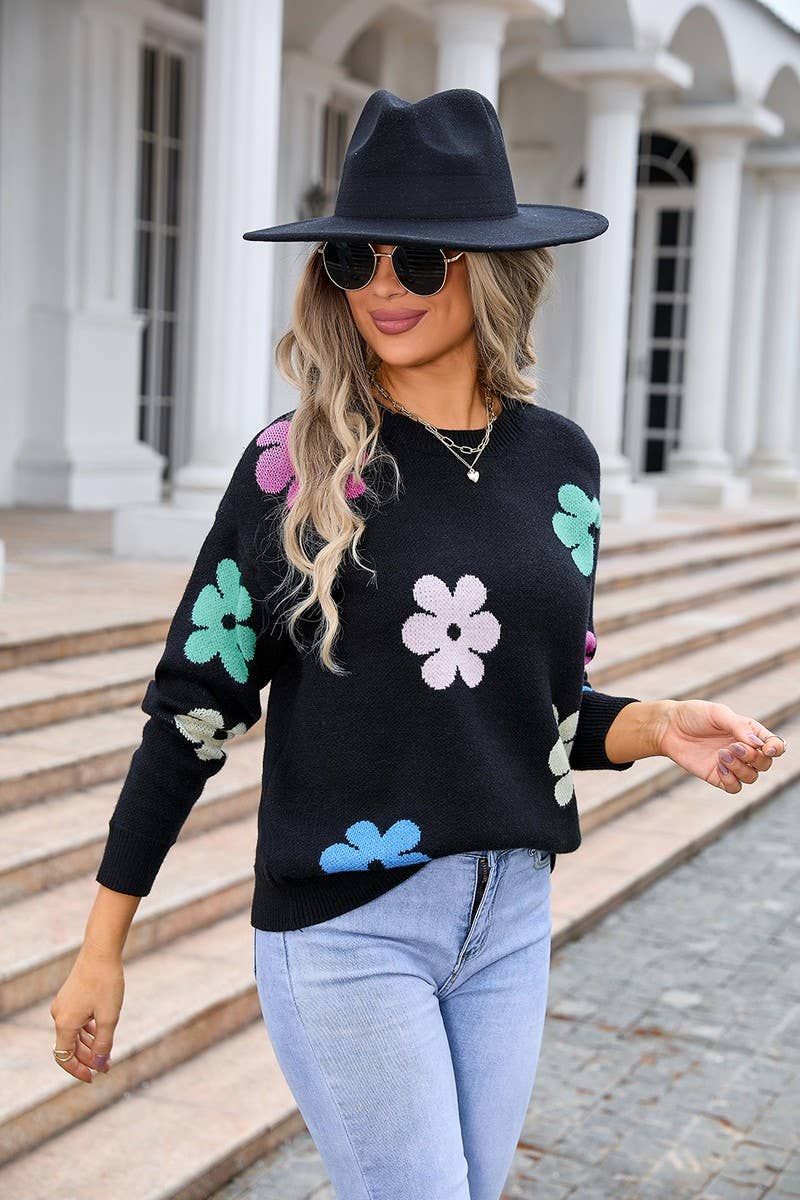 CWOSWL3074_FLORAL COLORBLOCK CASUAL CREWNECK SWEATER