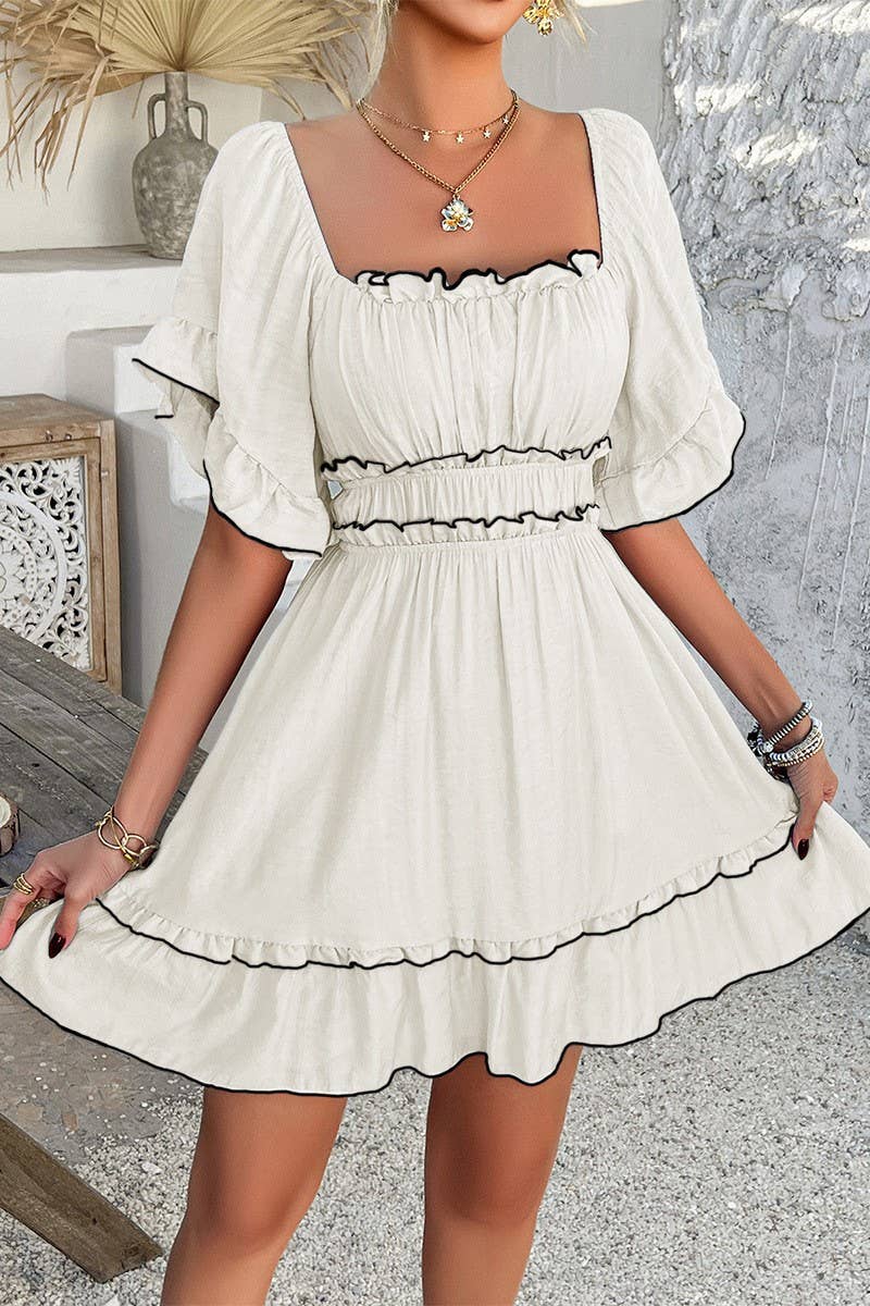 CWDSD7875_SUMMER SOLID COLOR RUFFLED SHORT-SLEEVED DRESS