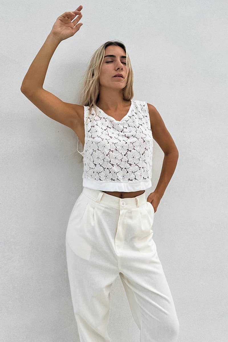 CWTBLSL01014_SOLID COLOR LACE HOLLOW JACQUARD SHORT VEST