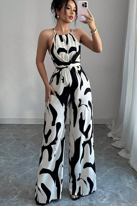 CWSJS1581_ZEBRA PRINT SPAGHETTI STRAP BELTED JUMPSUIT