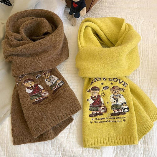 Bear embroidered knitted scarf for warmth and cozy_CWASC1497