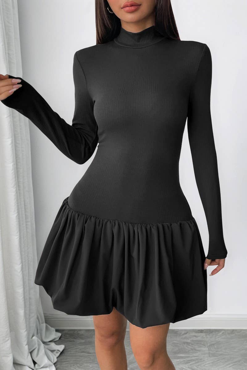 CWDSD10584_SLIM FIT TURTLENECK SOLID LONG SLEEVE PUFF DRESS
