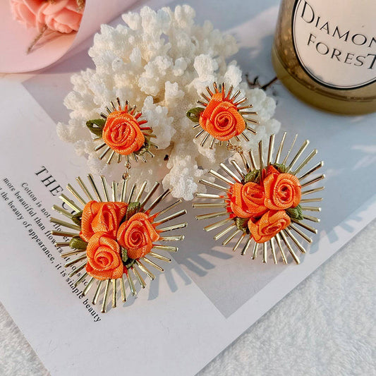 Handmade Fabric Flower Heart Earrings for Women