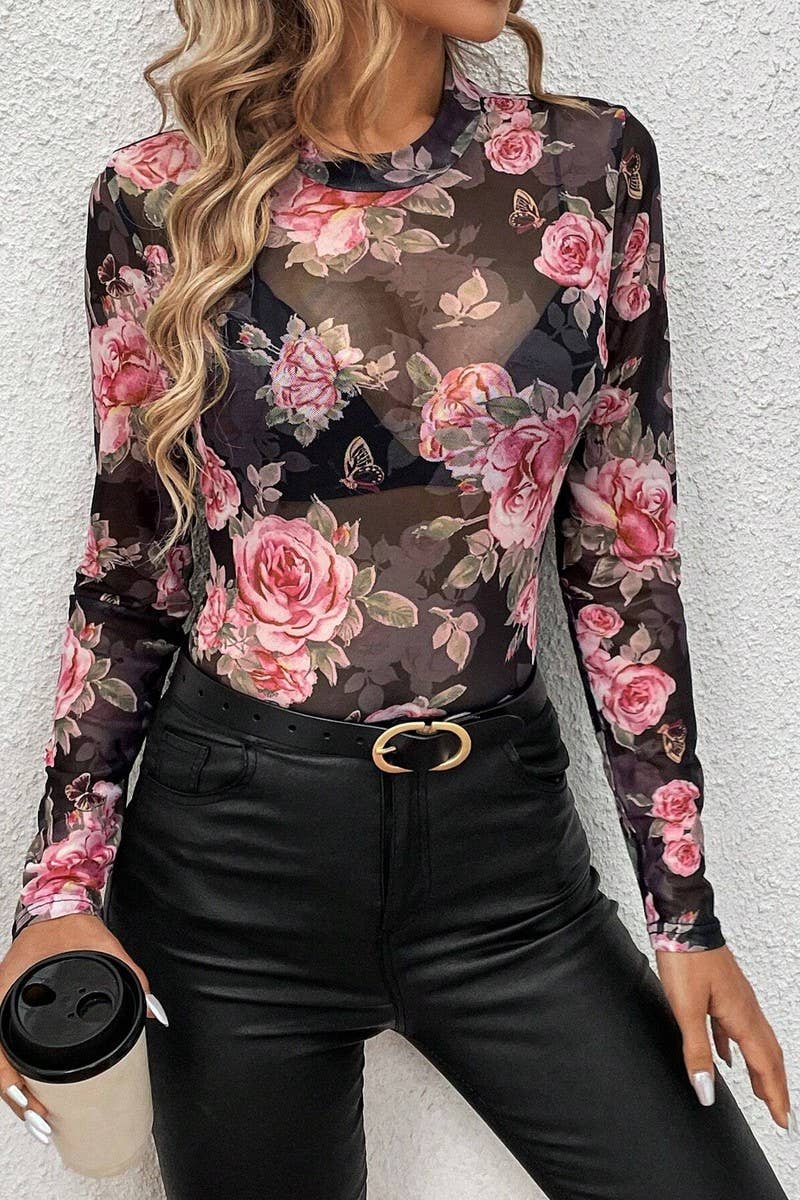 CWTBLL3479_FLORAL PRINT SMALL STAND COLLAR MESH SLIM FIT TOP