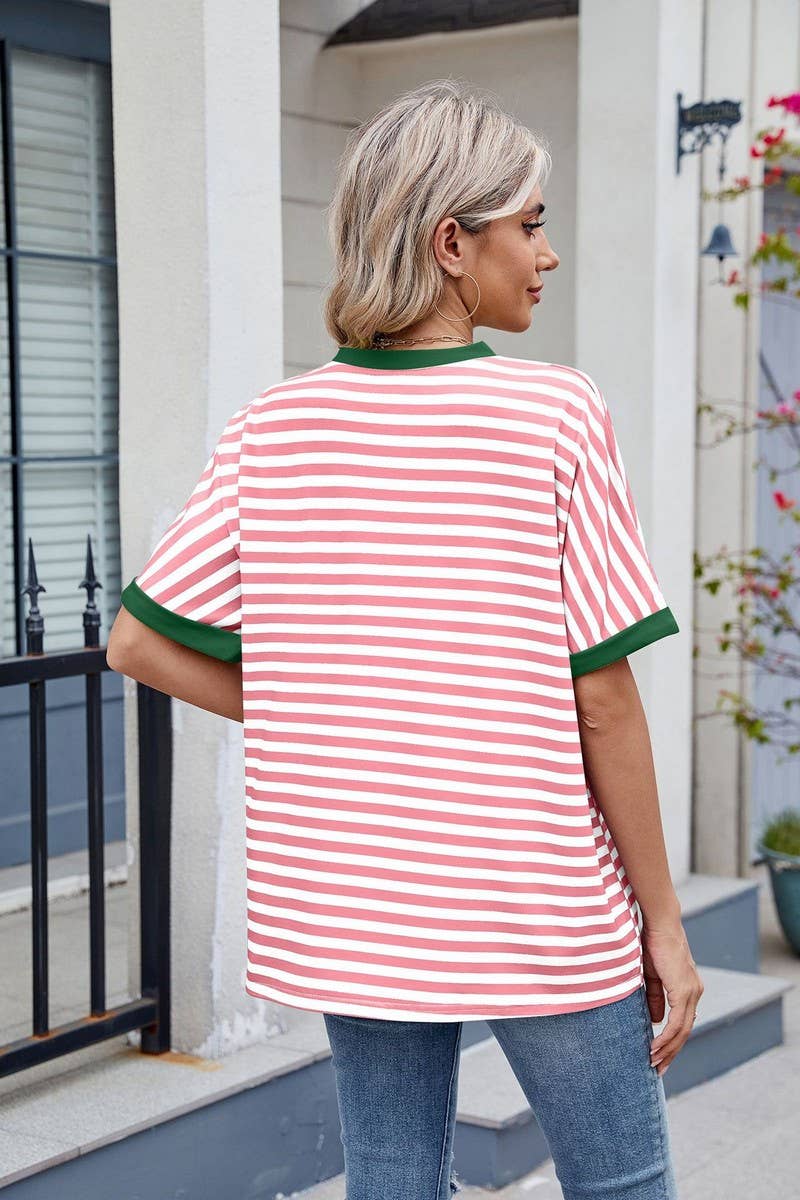 CWTTS1299_LOOSE STRIPED COLORBLOCK CREW NECK T-SHIRT TOP