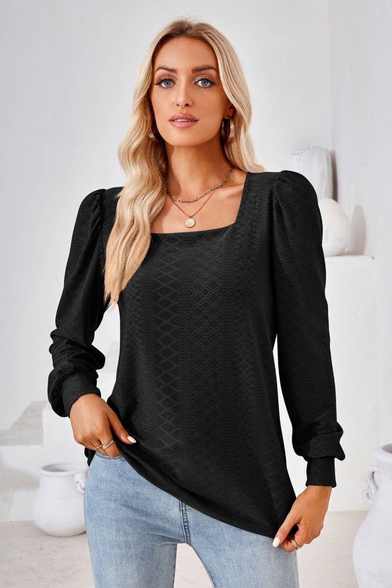 CWTBLL2798_AUTUMN SQUARE NECK JACQUARD LONG-SLEEVED TOP