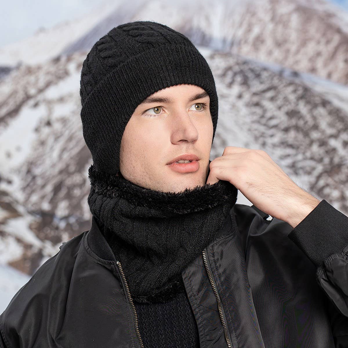 WINTER OUTDOOR FLEECE KNITTED HAT THREE PIECE SET