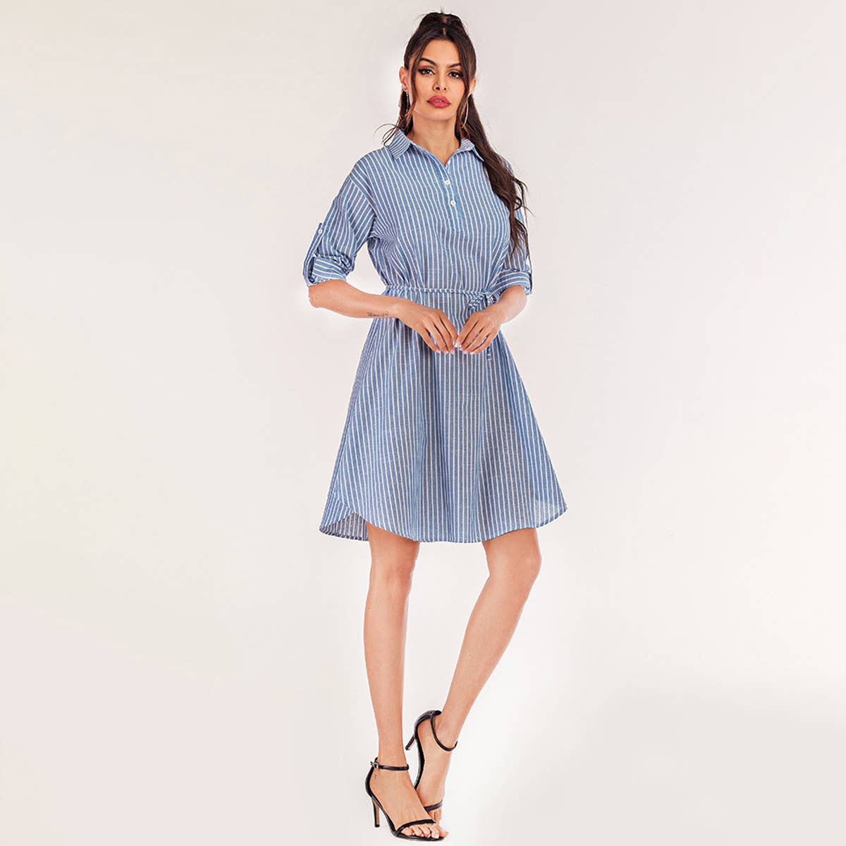 Casual mid-length dress with belted blue stripes