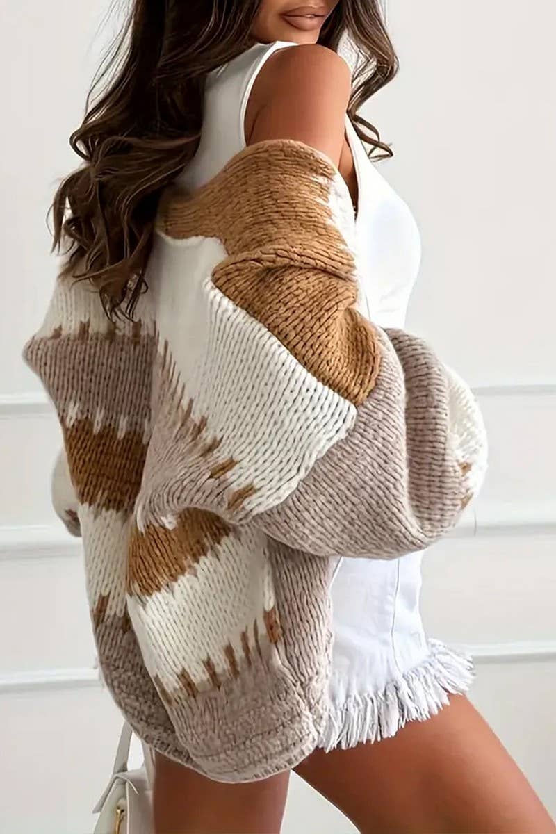 CWOCAL00824_V NECK COLOR BLOCK LOOSE KNIT CARDIGAN