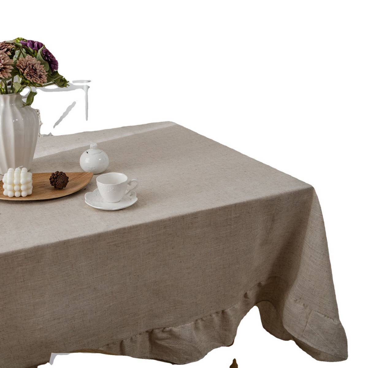 HOME PLAIN RUFFLED POLYESTER AND LINEN TABLECLOTH