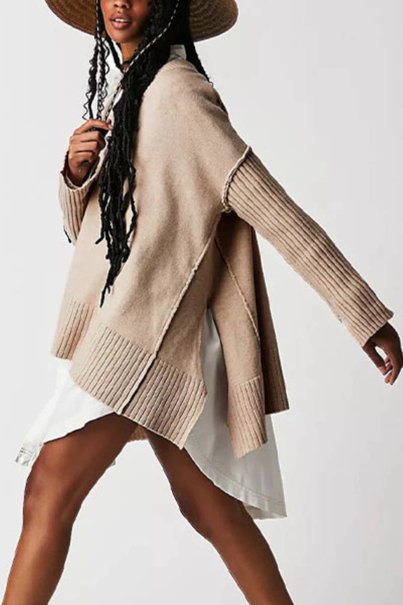 CWOSWL5822_V-NECK LONG SLEEVE SWEATER WITH IRREGULAR SPLIT