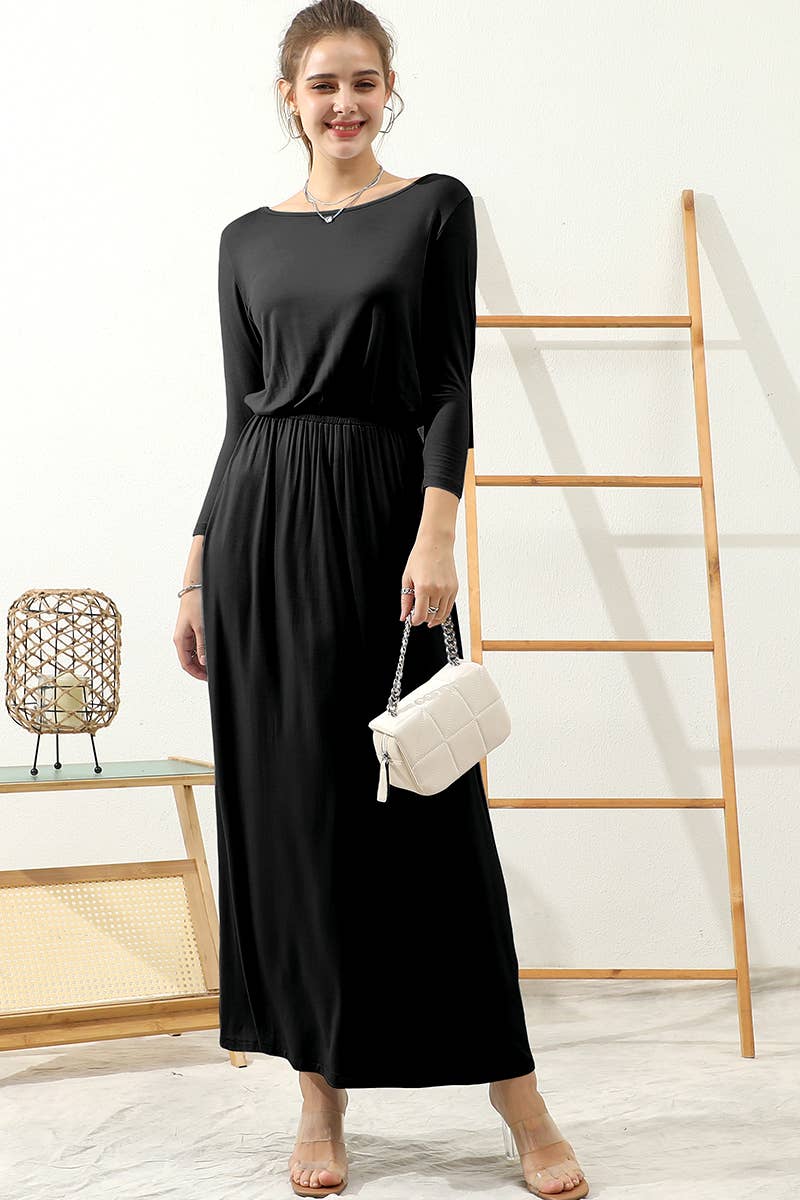 CWDMD797-P_PLUS SIZE ROUND NECK MAIX LONG SOLID DRESS