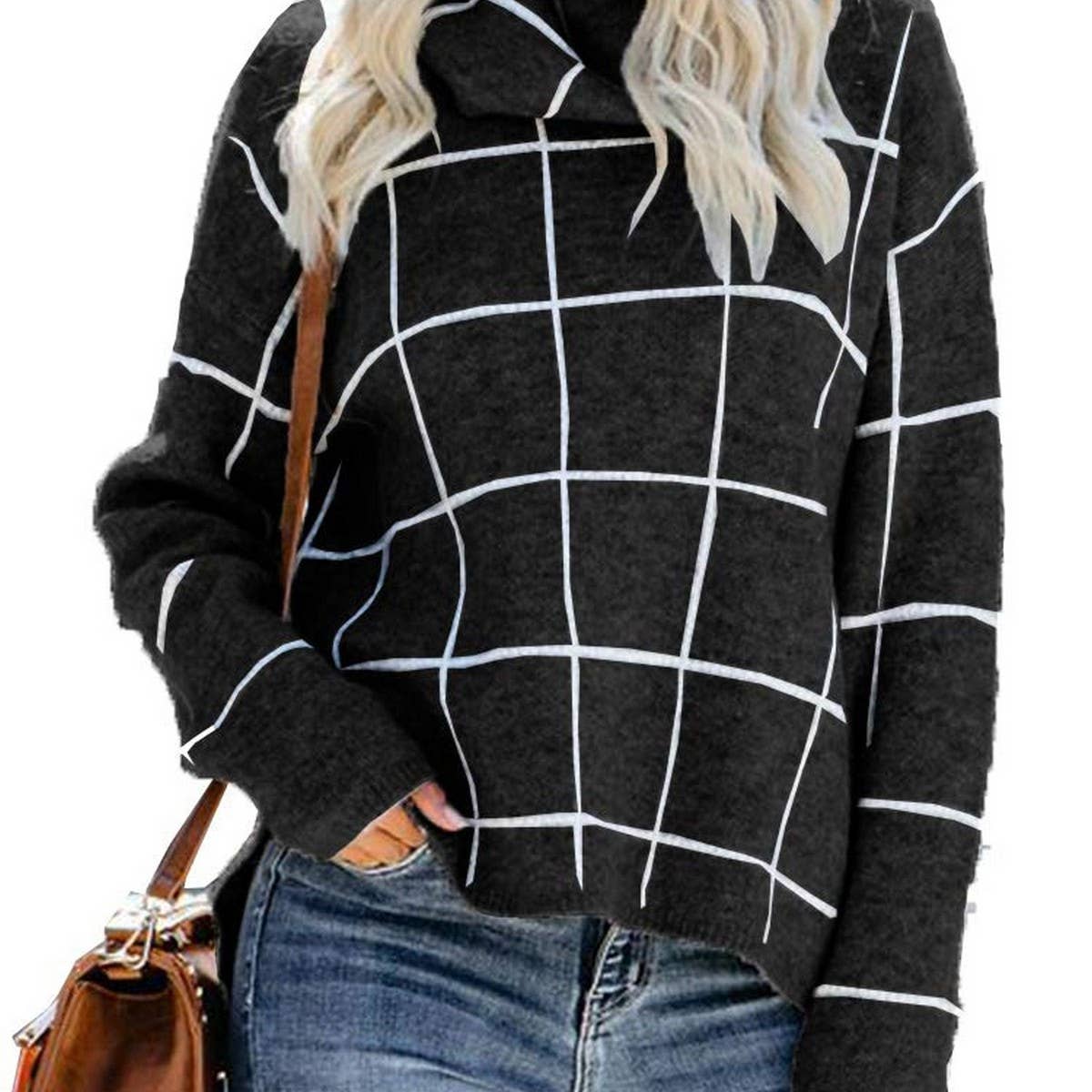 Check knit turtleneck sweater