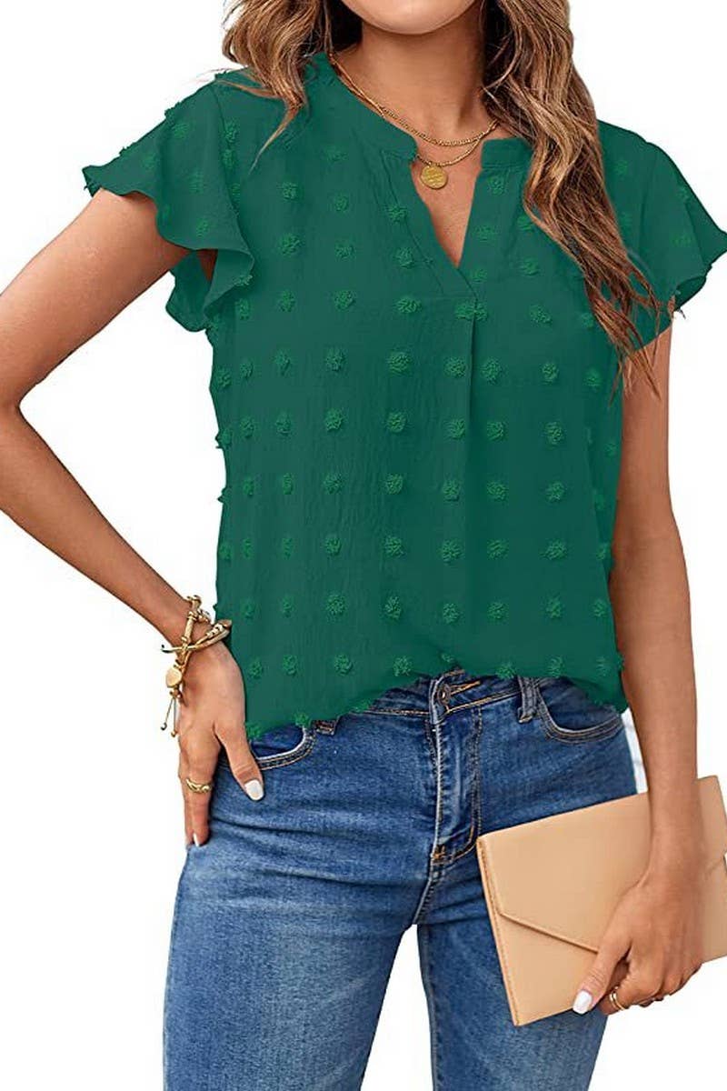 CWTBLS0606_V-NECK RUFFLED SLEEVE CHIFFON SHORT-SLEEVED TOP