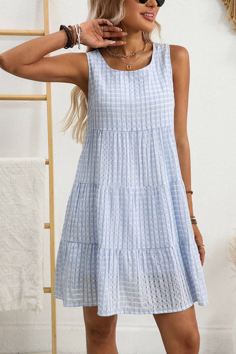 CWDSD8675_SLEEVELESS PLAID LOOSE FIT FLOWY DRESS