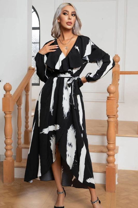 CWDMD3957_V-NECK FRILLY LACE-UP LONG-SLEEVED SLIT DRESS