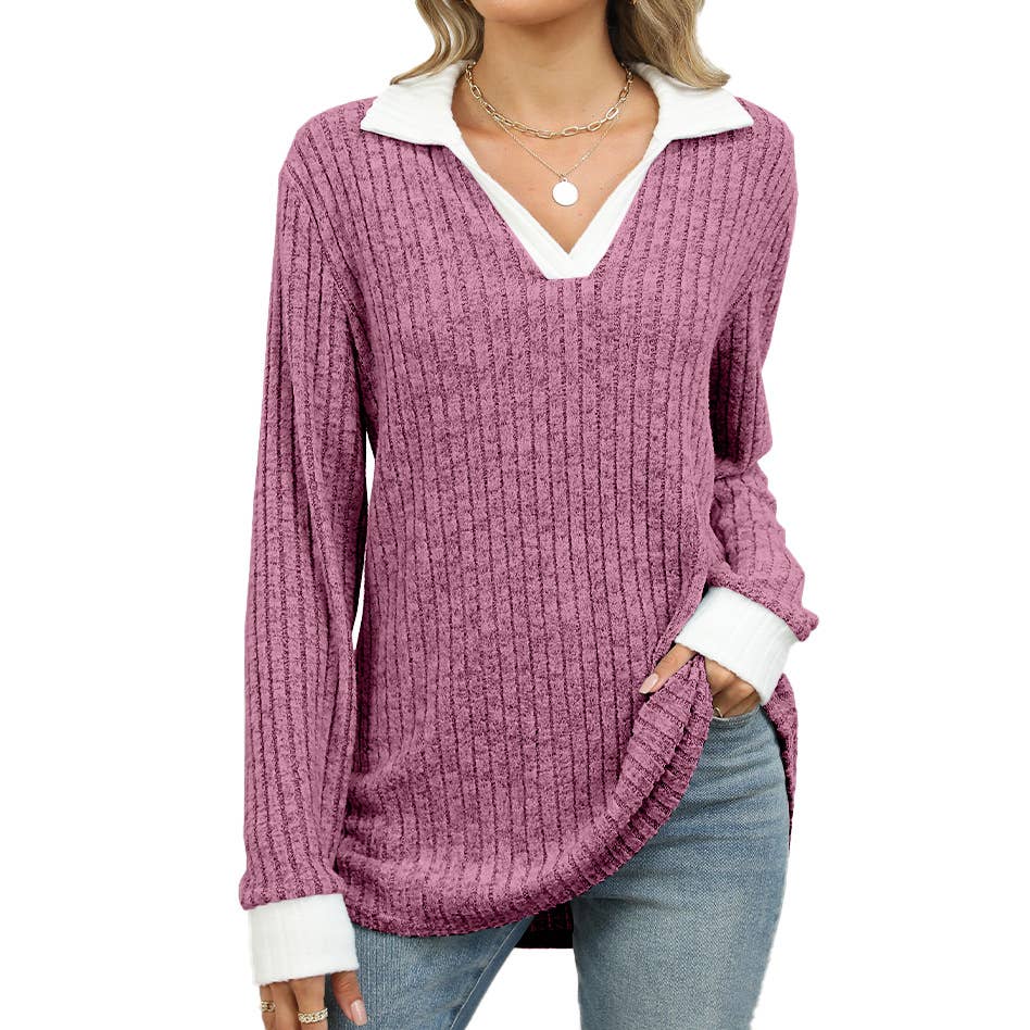 COLOR CONTRAST LAPEL LONG SLEEVE LOOSE T-SHIRT