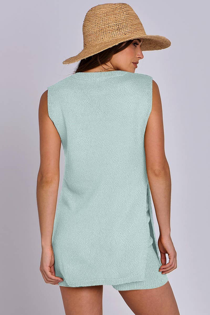 CWSTB1658_SOLID COLOR SLEEVELESS SHORTS KNITTED SUIT