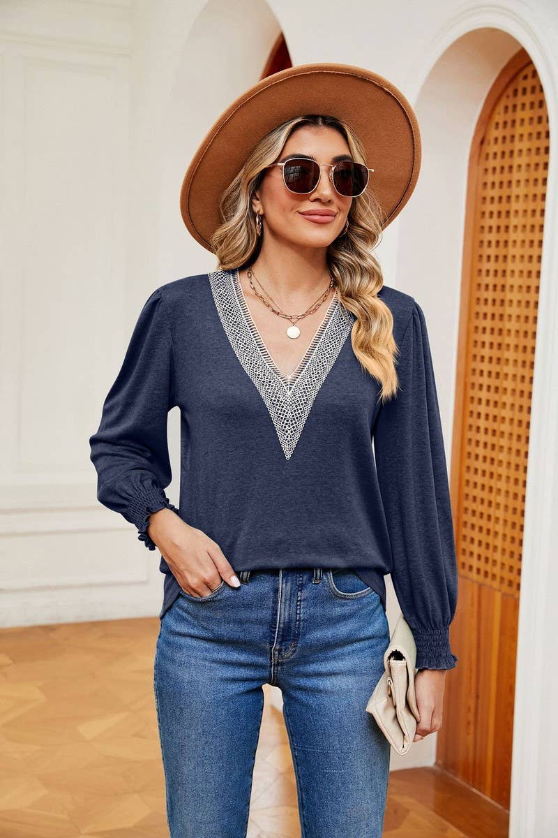 CWTBLL2396_V NECK LACE TRIM LONG SLEEVE LOOSE PULLOVER