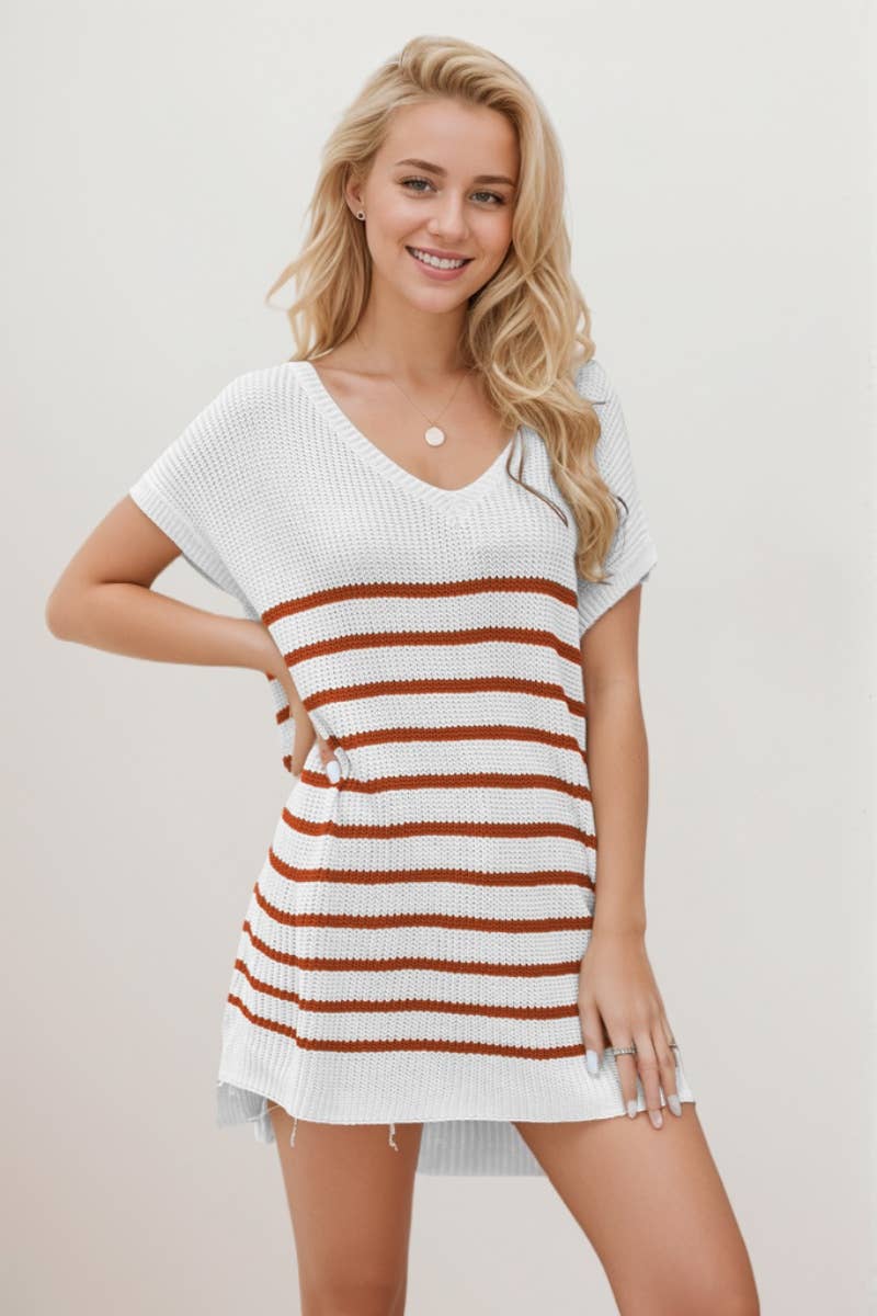 CWDSD3925_V-NECK STRIPED SHORT-SLEEVED KNITTED SHORT DRESS