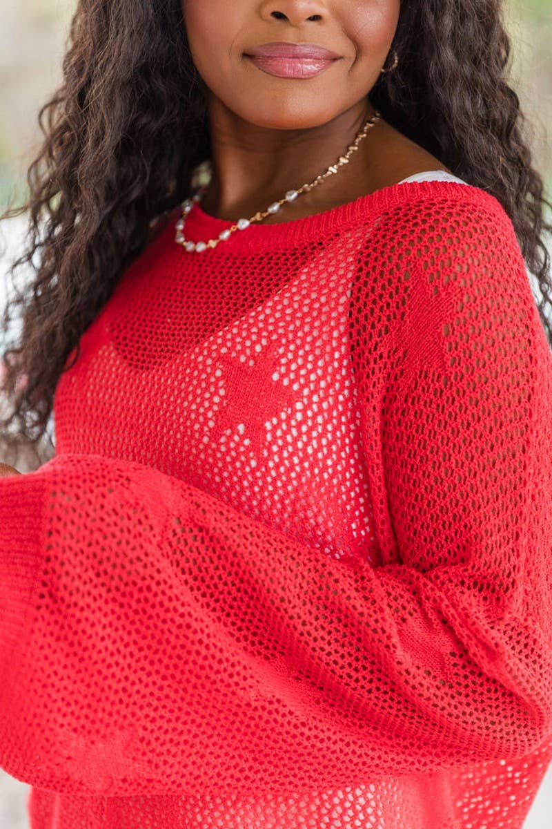 CWTBLL3399_ROUND NECK FIVE-POINTED STAR BEACH COVER-UP