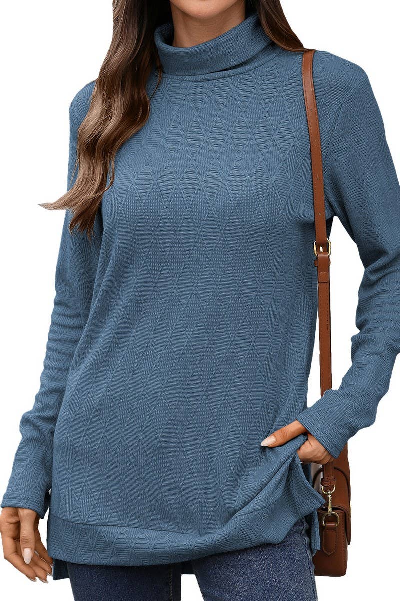 CWTBLL01289_HIGH NECK SOLID KNIT SPLIT HEM LONG SLEEVE TOP
