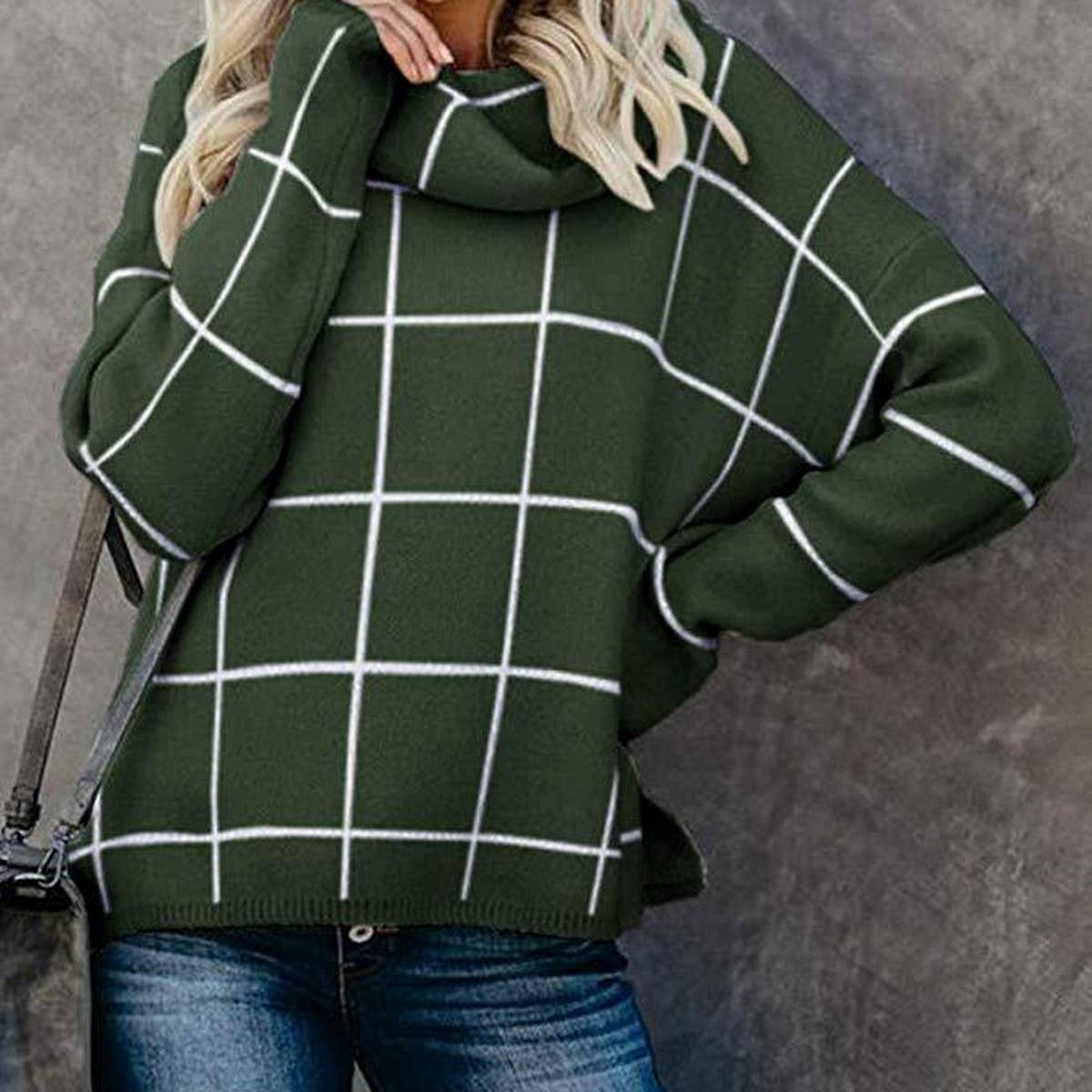 Check knit turtleneck sweater