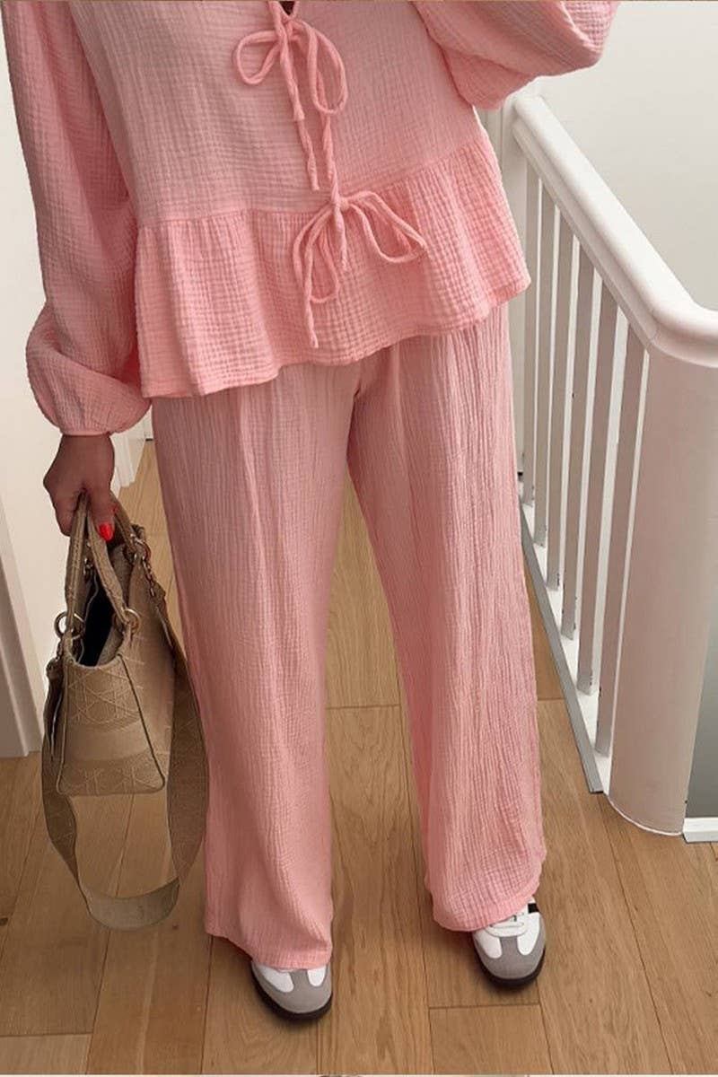 CWSTB00387_CASUAL LANTERN SLEEVE TIE TOP AND PANTS SET