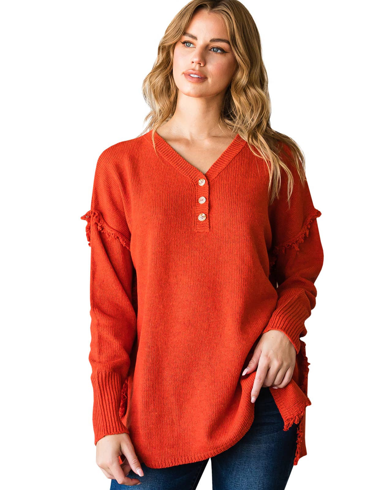 CWOSWL1832_BUTTON DOWN FRINGE SHOULDER SWEATER KNIT TOP