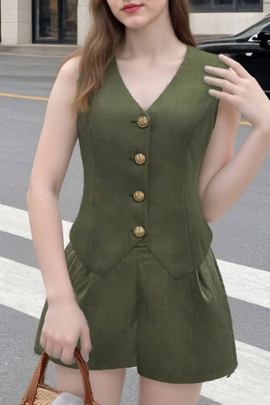 CWSTB2136_SOLID V-NECK VEST & SHORTS TWO-PIECE SET