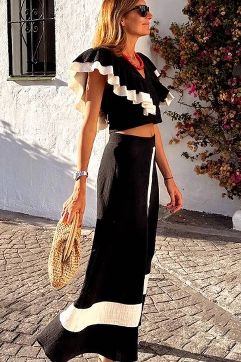 CWSTB1390_V-NECK SHORT-SLEEVED RUFFLED LONG SKIRT SUIT