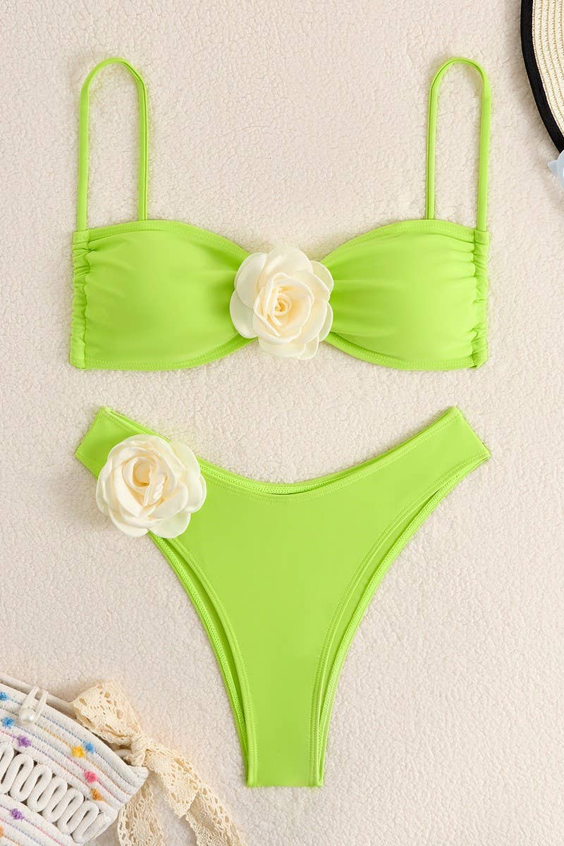 CWMW0876_SOLID COLOR 3D FLOWER SPLIT BIKINI SWIMSUIT