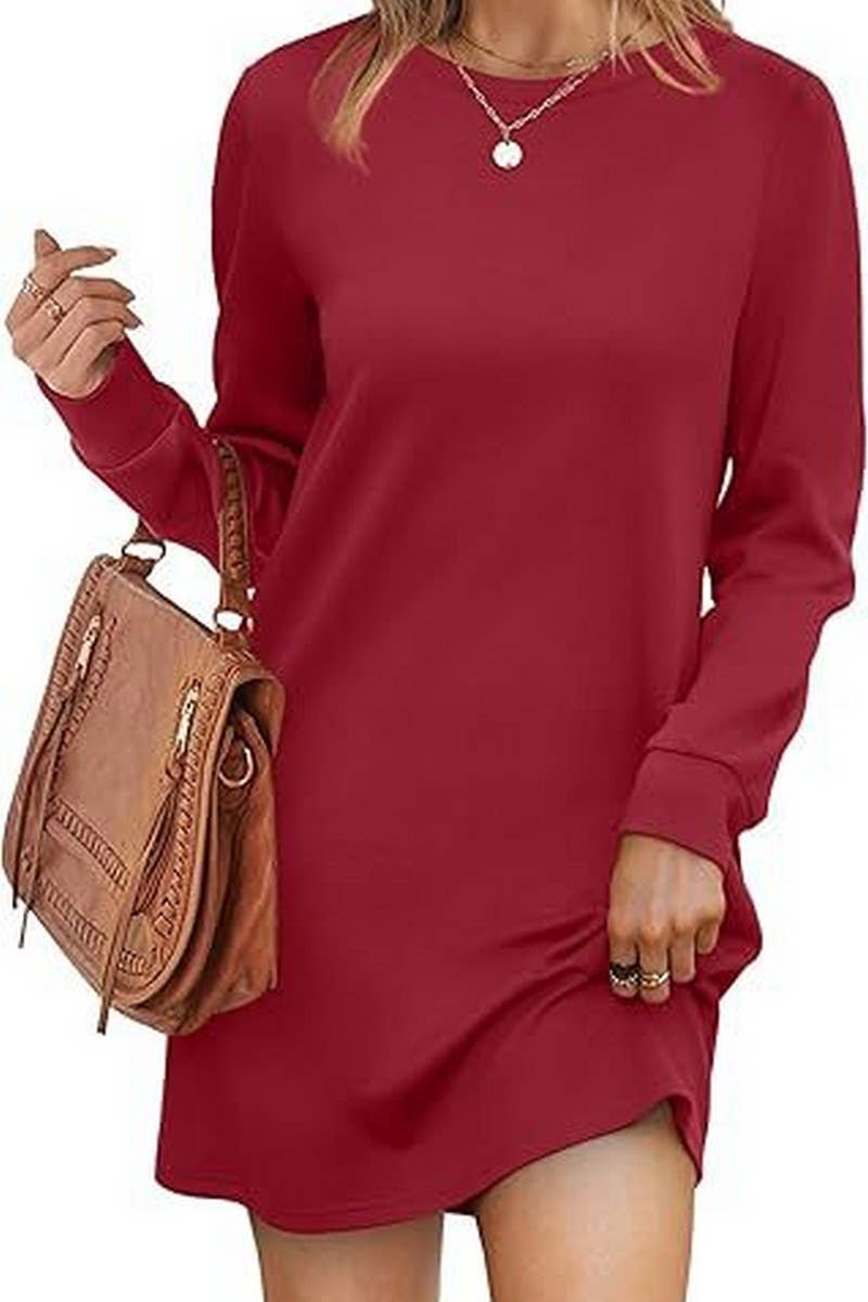 CWDSD8813_ROUND NECK POCKET LONG SLEEVE SWEATER DRESS