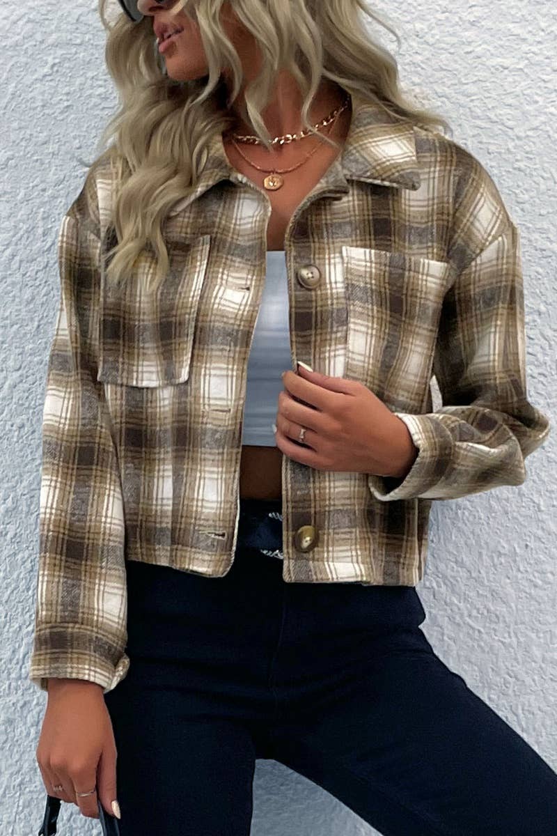 CWOCO1008_VINTAGE PLAID LONG-SLEEVED WOOLEN JACKET SHORT