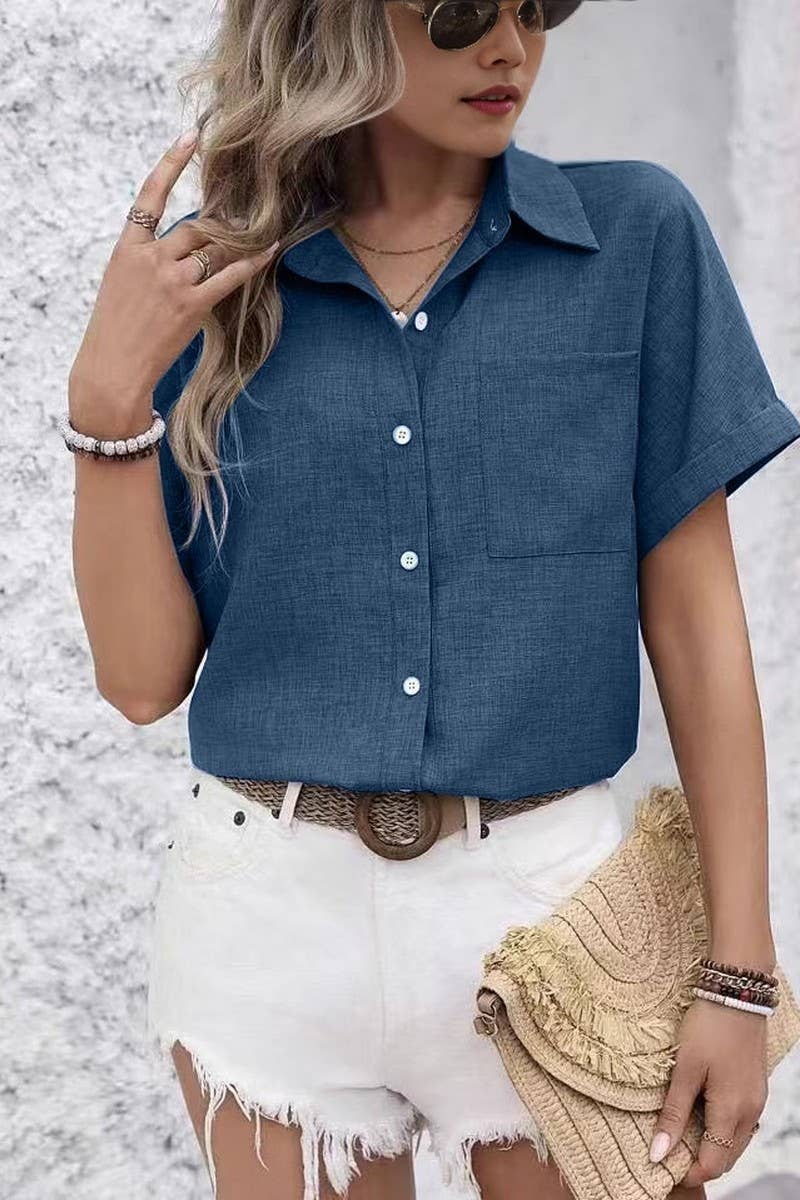 CWTBLS2042_SUMMER LOOSE SHORT SLEEVE POCKET CASUAL SHIRT