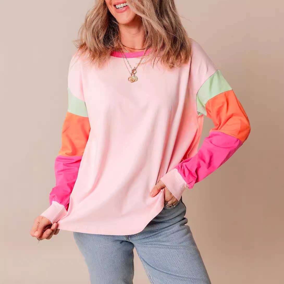 CASUAL MULTI-COLOR PATCHWORK LOOSE PULLOVER SHIRT