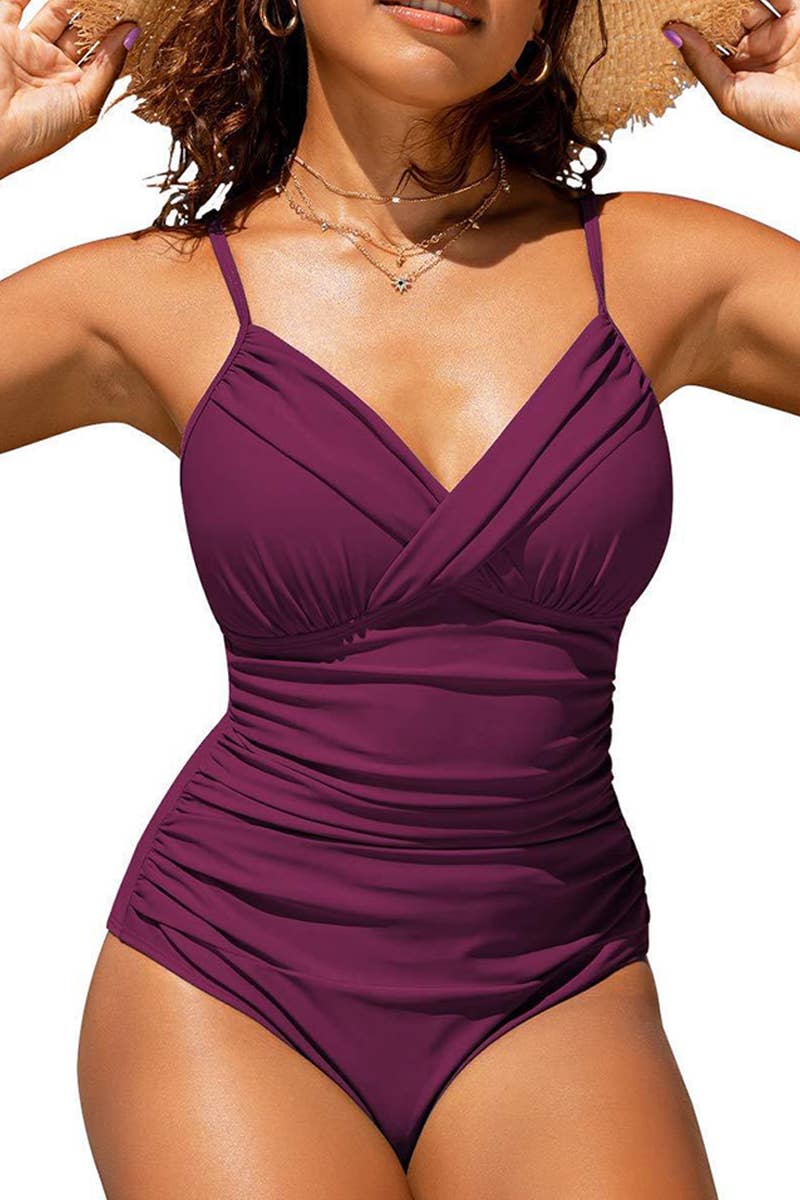 CWMW0805_CROSS COLORED PLEATED ONE-PIECE SWIMSUIT