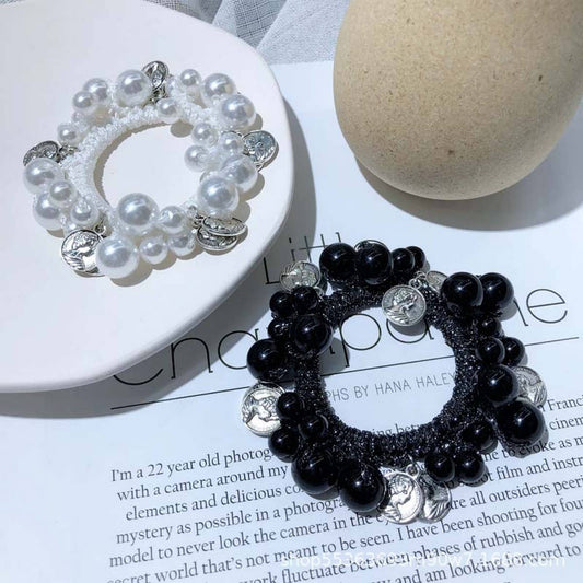 Beaded Hair Tie with Metal Pendant Pearl Band_CWAHA6876