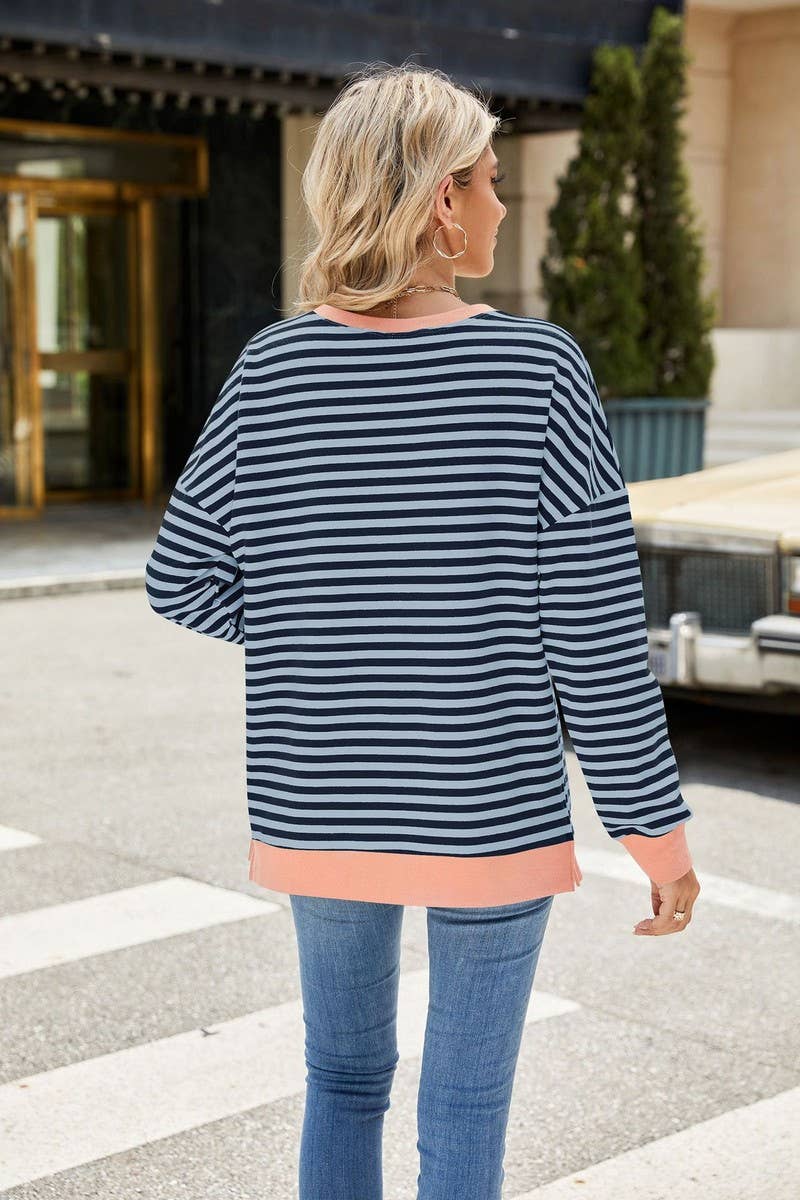 CWTBLL1198_CONTRAST COLOR ROUND NECK STRIPED SWEATSHIRT